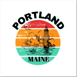 Portland Maine Lighthouse Retro Vintage Sunset Posters and Art